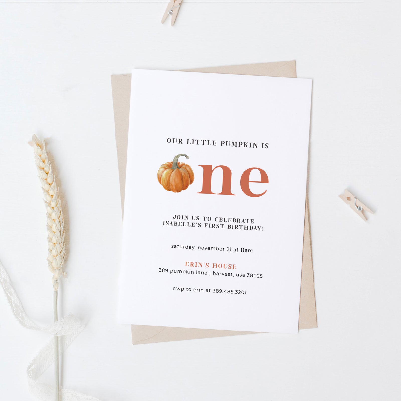 Pumpkin First Birthday Invitation
