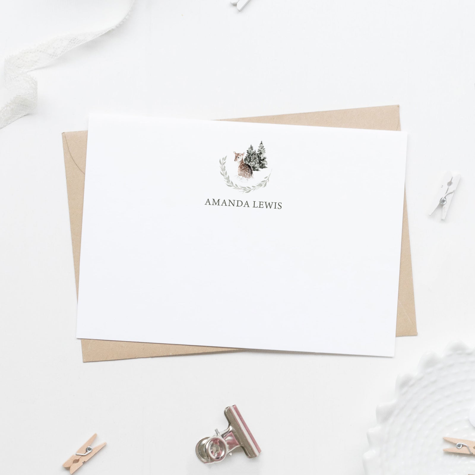 personalized stationery cards with winter Christmas trees and baby fawn deer covered in snow 